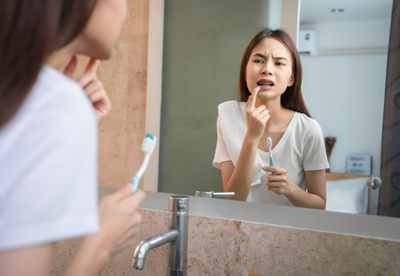 Woman checking her teeth in the mirror